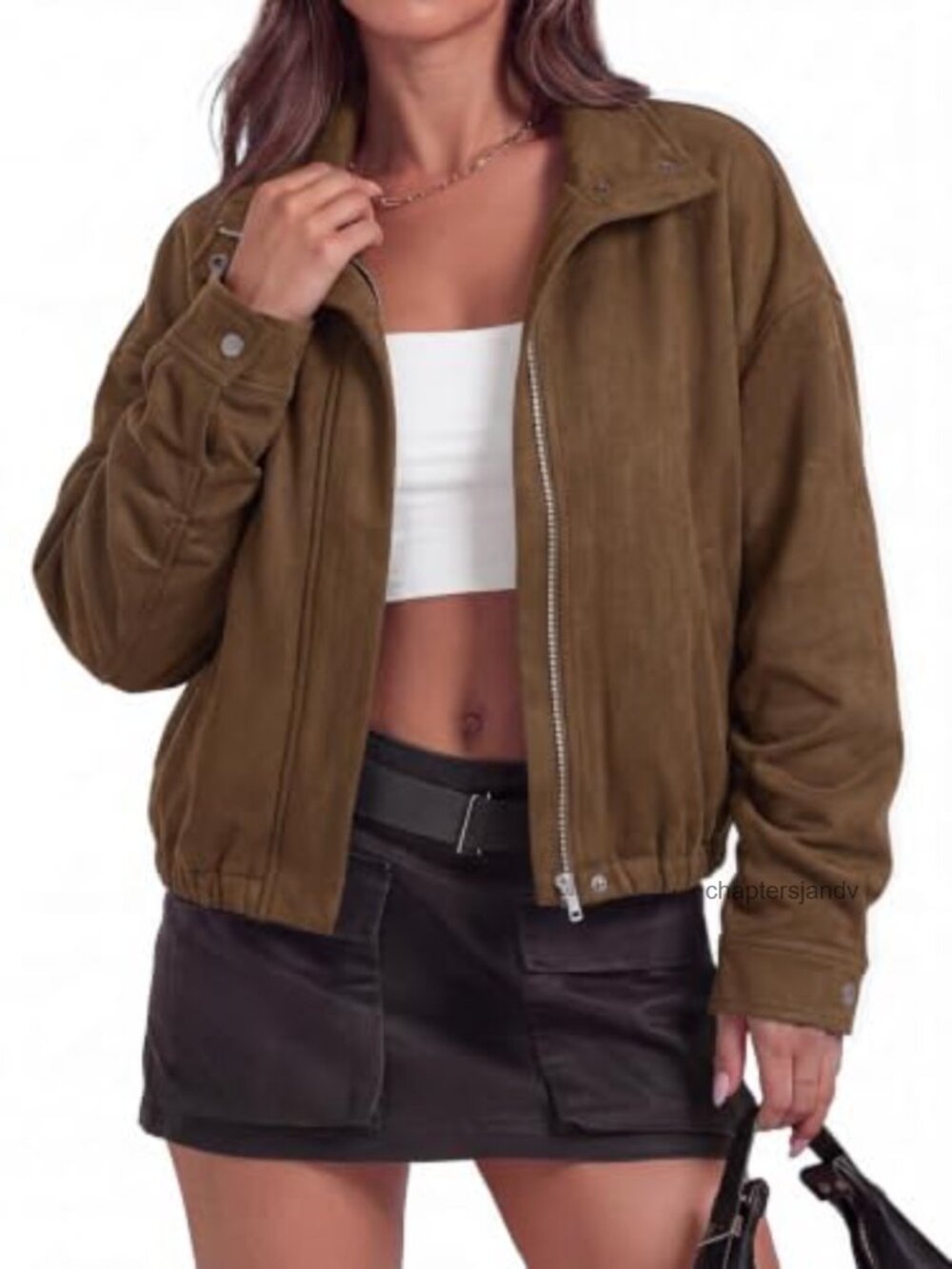 Faux Suede Bomber Jacket Lightweight Cropped Zip Up Women's Coat